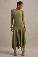 Castor Olive Asymmetric Midi Dress