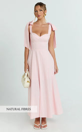 Shoulder Tie Bustier Shirred Back A Line in Pink