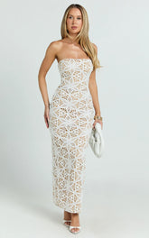 Tamika Midi Dress - Crochet Strapless Column Dress in White