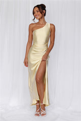 HELLO MOLLY The Aurora One Shoulder Satin Maxi Dress Yellow