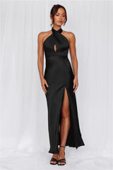 HELLO MOLLY The Adeline Halter Satin Maxi Dress Black