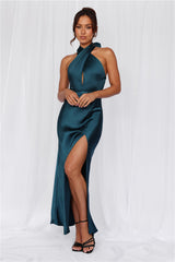The Adeline Halter Satin Maxi Dress Teal