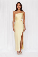 HELLO MOLLY The Opal One Shoulder Satin Maxi Dress Yellow