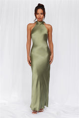 HELLO MOLLY The Cleo Halter Satin Maxi Dress Olive