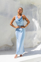 Moonlit Palms Satin Maxi Dress Blue