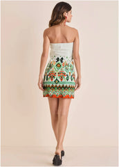 Poplin Strapless Mini Dress Seti Olive Ikat