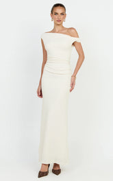 Veda Maxi Dress - Asymmetric One Shoulder Ruched Maxi Dress in Cream