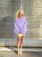Elegant Purple Deep V Neck Knitted Pullover Casual Long Sleeves Loose Sweater