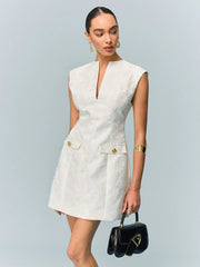 Pocketed Textured Mini Dress with Metal Button