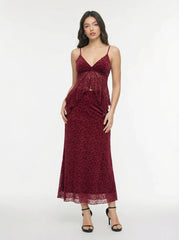 Velvet V-Neck Floral Ruffle Cami Top & Mid Rise Midi Skirt Set