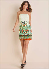 Poplin Strapless Mini Dress Seti Olive Ikat