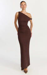 Veda Maxi Dress - Asymmetric One Shoulder Ruched Maxi Dress in Chocolate