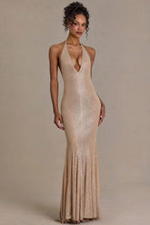 Embellished Plunge Neck Open Back Gown in Beige Gold
