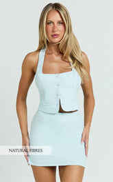Hera Two Piece Set - Linen Square Neck Halter Vest Top And Mini Skirt Set in Blue