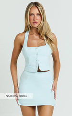 Hera Two Piece Set - Linen Square Neck Halter Vest Top And Mini Skirt Set in Blue