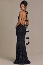 Embellished Plunge Open Back Gown in Black