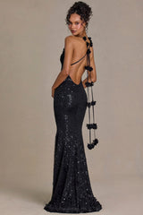 Embellished Plunge Open Back Gown in Black