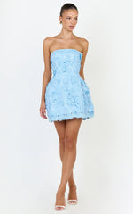 Maristella Mini Dress - Strapless Lace Up Back A Line Dress in Blue