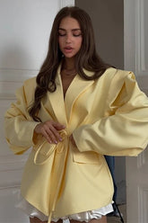 V-Neck Belted Shoulder Pad Blazer