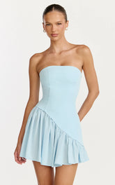 Calla Mini Dress - Strapless Gathered Asymmetric Dropped Waist Dress in Light Blue