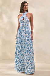 Liana | Blue Porcelain Print Halter-Neck Maxi Dress