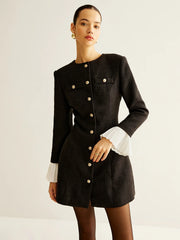 Pleated-Cuff Tweed Breasted Dress