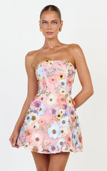 Cosima Mini Dress - Strapless 3D Floral Fit And Flare Dress in Multi