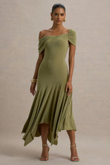 Castor Olive Asymmetric Midi Dress