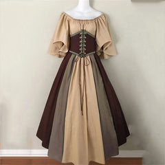 Medieval Retro Color Block Off Shoulder Party Dress