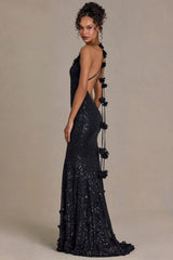 Embellished Plunge Open Back Gown in Black