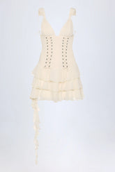 Lace Up Ruffled Tiered Mini Dress in Ivory