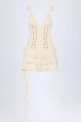 Lace Up Ruffled Tiered Mini Dress in Ivory