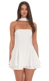 Satin Scarf Strapless Dress in White