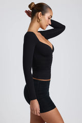 Modal Ruched Long Sleeve Top in Black
