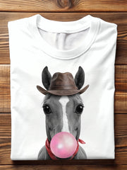 Western Cowboy Horse Blowing Pink Bubble Gum Crew Neck T-shirt