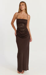 Contrast Lace Bodice Bias Cowl Drop Waist Dress in Chocolate