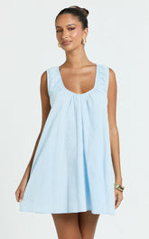 Lucinda Mini Dress - Deep U Gathered Neck Smock Dress in Pale Blue
