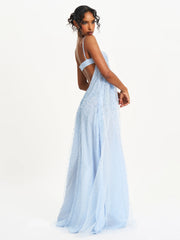 Wallie Baby Blue Rhinestone Embellished Mesh Backless Gown