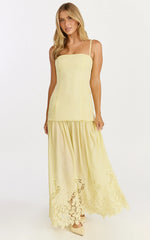 Everly Maxi Dress - Straight Neck Broderie Cut Out Hem Dress in Lemon
