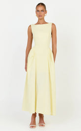 Casina Midi Dress - Boat Neck Tie Back Fit And Flare Dress in Yellow