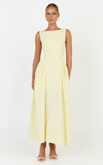 Casina Midi Dress - Boat Neck Tie Back Fit And Flare Dress in Yellow
