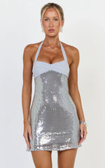 Grace Mini Dress - Twisted Bust A Line Sequin Dress in Grey
