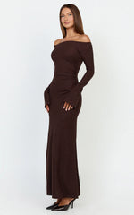 Ayla Maxi Dress - Off Shoulder Flared Sleeve Bodycon Dress in Chocolate