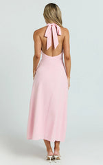 Beata Midi Dress - Plunge Halter A Line Dress in Pink