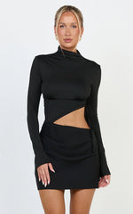 Tallulah Mini Dress - High Neck Side Ruched Cut Out Dress in Black