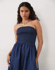 Brave Soul chambray strapless midi dress with shirred bodice in indigo