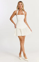 Calla Mini Dress - Halter Neck Peplum Pleated Skirt Dress in Off White