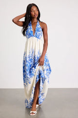 Leona Ivory and Blue Floral Halter Maxi Dress