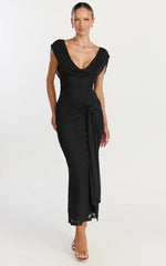 Zena Midi Dress - Cowl Neck Tie Detail Dress in Black
