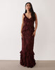 Pretty Lavish devore frill detailing cami maxi dress in mahogany red